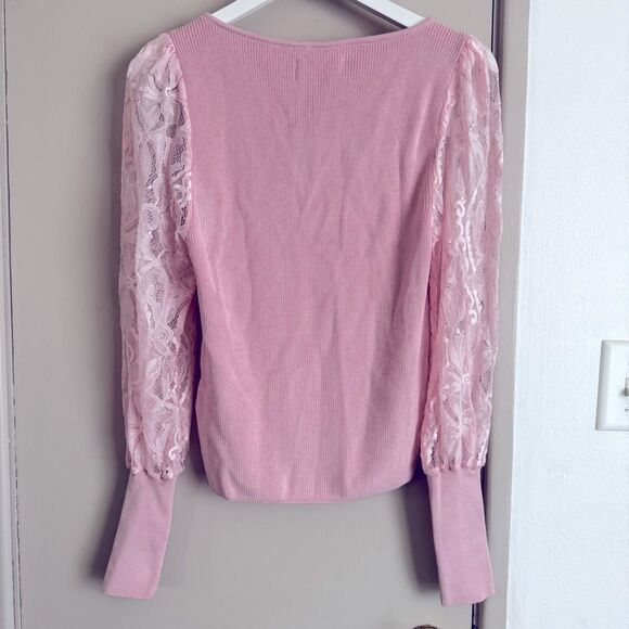 Anthropologie Baby Pink Ribbed Lace Sleeve Sweater Top - Picture 4 of 7